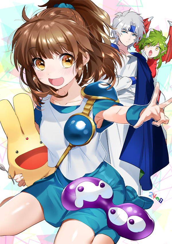 &gt;:o 1boy 2girls :d :o arle_nadja armor armpit_peek armpits bangs blue_boots blue_cape blue_eyes boots breastplate breasts brown_eyes brown_hair cape carbuncle_(puyopuyo) carrying_under_arm closed_mouth draco_centauros dragon_girl dragon_horns dragon_wings elbow_gloves eyebrows eyebrows_visible_through_hair flat_chest frown gloves green_hair grey_hair hair_ornament hair_scrunchie half_updo hand_on_own_cheek head_rest headband horns looking_at_another looking_at_viewer madou_monogatari medium_breasts multiple_girls open_mouth outstretched_arm palms pauldrons pointy_ears puyo_(puyopuyo) puyopuyo schezo_wegey scrunchie short_hair silver_hair sitting sleeveless smile standing triangle w wariza wings yan'yo_(yan'yan'yo) yellow_eyes
