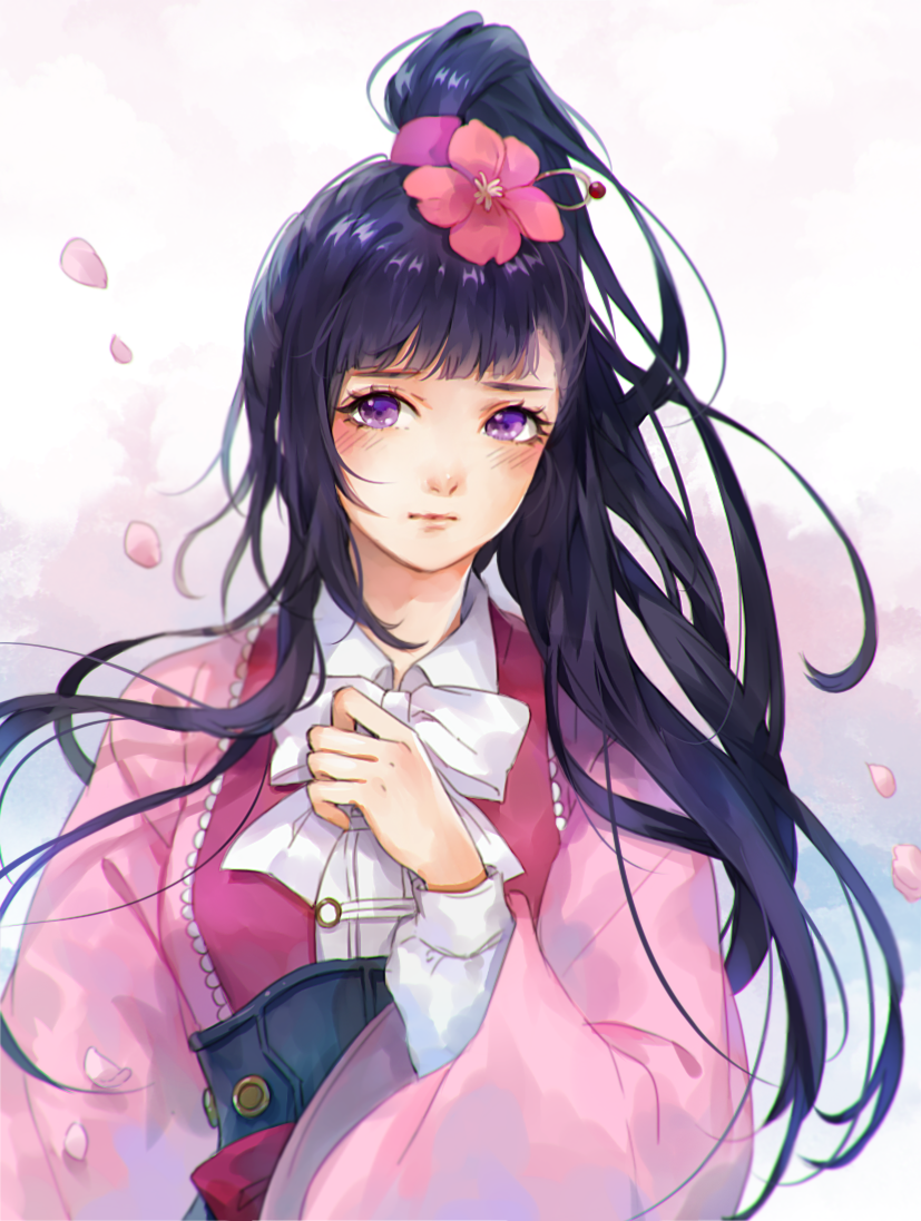 1girl black_hair blush bow closed_mouth collared_shirt flower hair_flower hair_ornament hand_on_own_chest high_ponytail japanese_clothes kimono koutetsujou_no_kabaneri long_hair long_sleeves looking_at_viewer petals pink_kimono ponytail red_flower ruuto-kun shirt solo violet_eyes white_bow white_shirt wide_sleeves wing_collar yomogawa_ayame