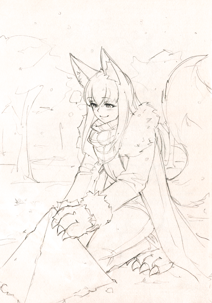1girl animal_ears anubis_(monster_girl_encyclopedia) claws cloak fur_trim kneeling long_hair long_sleeves monochrome monorus monster_girl_encyclopedia pants paws pyramid scarf sketch smile snow snow_sculpture snowing solo tail traditional_media winter_clothes