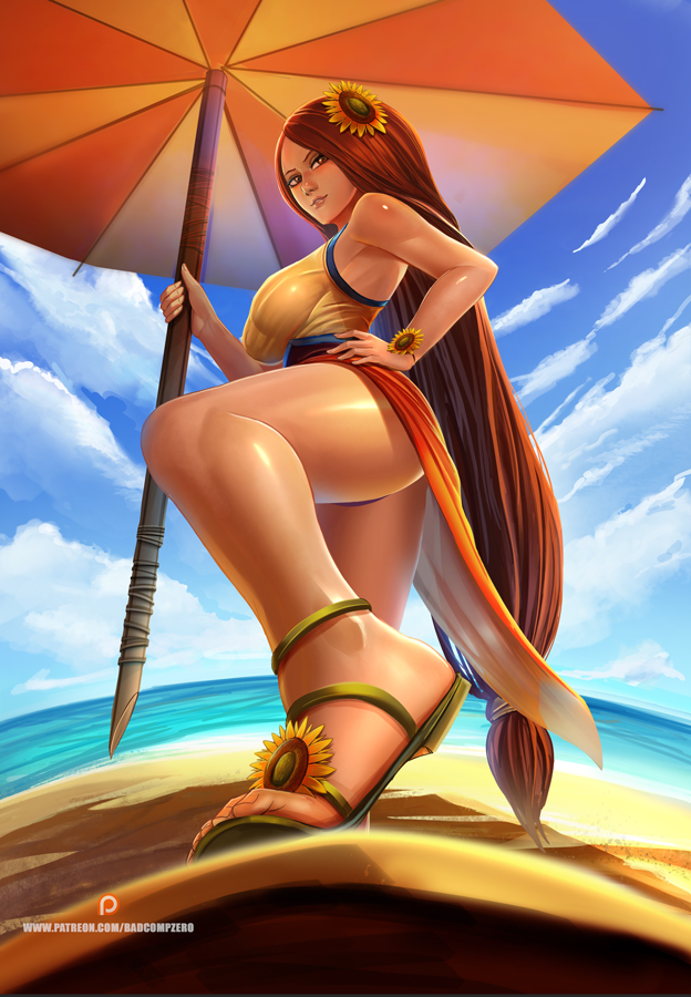 1girl ass badcompzero beach_umbrella breasts brown_eyes brown_hair feet from_below hand_on_hip large_breasts league_of_legends legs leona_(league_of_legends) long_hair pool_party_leona sand sandals shirt solo taut_clothes taut_shirt thighs toes umbrella very_long_hair