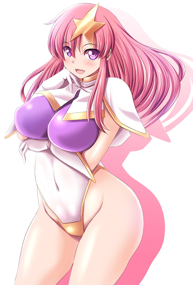 1girl breasts covered_navel gundam gundam_seed gundam_seed_destiny large_breasts leotard long_hair looking_at_viewer meer_campbell nipples pink_hair shadow simple_background smile solo thighs tonpuu violet_eyes white_background
