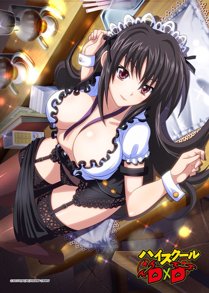 1girl 2015 apron artist_request black_hair black_legwear breasts cleavage company_name copyright_name garter_straps high_school_dxd large_breasts long_hair maid_headdress official_art panties raynare red_eyes solo thigh-highs underwear very_long_hair wrist_cuffs