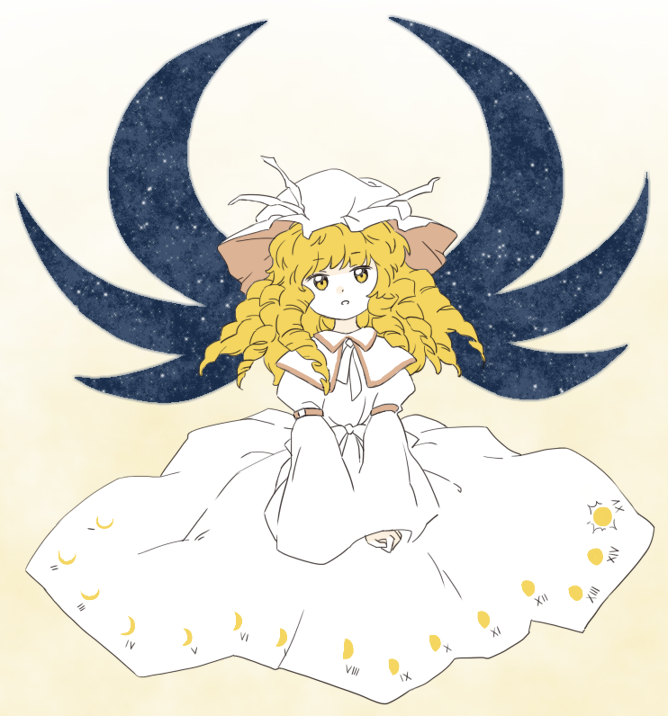 blonde_hair crescent dress fairy fairy_wings hat luna_child moon nonamejd open_mouth ribbon touhou wings yellow_eyes