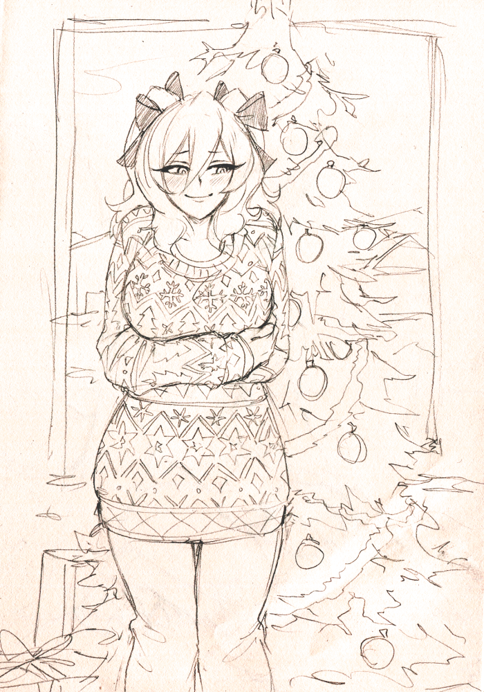 1girl abigail_(monorus) blush box christmas christmas_ornaments christmas_sweater christmas_tree cowboy_shot gift gift_box hair_ribbon looking_to_the_side monochrome monorus monster_girl_encyclopedia ribbon short_hair sketch smile solo sweater traditional_media twintails wight_(monster_girl_encyclopedia)