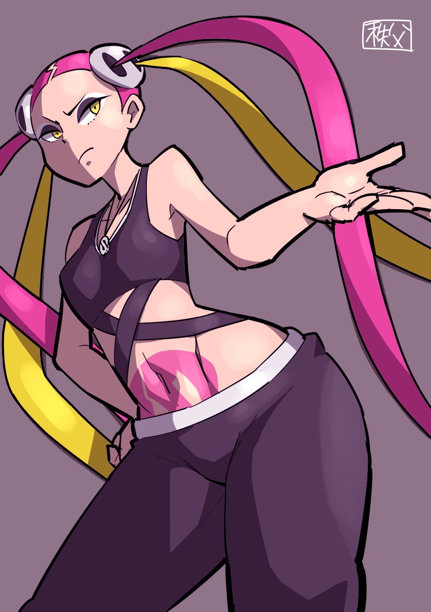 1girl bare_shoulders breasts closed_mouth covered_navel cropped_legs dark_skin grey_background hair_ornament half-closed_eyes hand_on_hip hips jewelry looking_to_the_side midriff multicolored_hair navel necklace outstretched_hand pants pink_hair plumeri_(pokemon) plumeria_(pokemon) pokemon pokemon_(game) pokemon_sm simple_background skull_hair_ornament solo stomach stomach_tattoo tank_top team_skull thighs twintails two-tone_hair watson yellow_eyes
