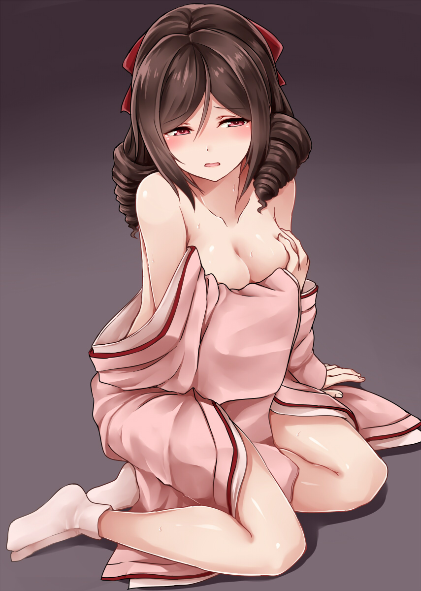 1girl arm_at_side arm_support bare_shoulders blurry blush bow breast_hold breasts brown_hair cleavage covering covering_breasts depth_of_field drill_hair eyebrows_visible_through_hair gradient gradient_background hair_between_eyes hair_bow hair_ribbon hand_on_breast harukaze_(kantai_collection) highres japanese_clothes kamelie kantai_collection kimono long_hair long_sleeves looking_away loose_clothes medium_breasts no_shoes off_shoulder pink_kimono red_bow red_eyes ribbon sitting solo sweat tabi twin_drills white_legwear wide_sleeves yokozuwari