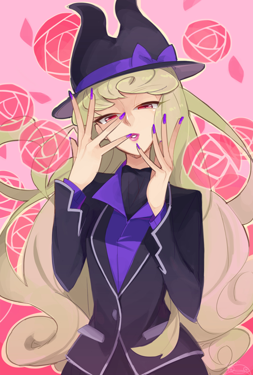 1girl aurora_(disney) black_hat black_jacket blonde_hair bow collared_shirt cosplay disney floral_background flower half-closed_eyes hand_over_face hat hat_bow hat_ribbon jacket lipstick long_hair long_sleeves looking_at_viewer makeup marfie marfie_(cosplay) nail_polish namazu_(dc_27546) outline parted_lips petals pink_background pink_lips pocket purple_bow purple_ribbon purple_shirt recruiters_(disney) red_eyes ribbon rose shirt signature sleeping_beauty solo upper_body