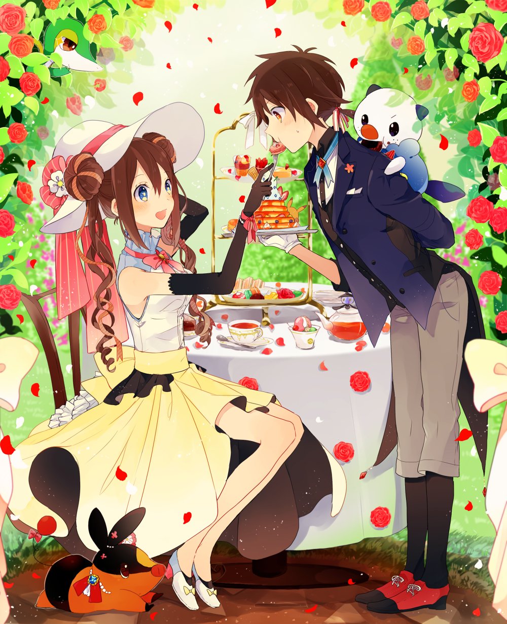 1boy 1girl alternate_costume bare_shoulders blue_eyes blush breasts brown_eyes brown_hair buttons cake chair coat cream cup day double_bun eating elbow_gloves eye_contact feeding flower food food_in_mouth food_on_face frilled_shirt_collar frills garden gloves grass hair_bun hair_ribbon half-closed_eyes hat hat_flower high_heels highres holding holding_plate jewelry kyouhei_(pokemon) lampent leaf leaning_forward long_skirt looking_at_another lying mei_(pokemon) neck_ribbon on_shoulder open_mouth oshawott outdoors pants petals pikachu plate pokemon pokemon_(game) pokemon_bw2 ribbon rose rose_petals shirt shoes sitting skirt sleeveless sleeveless_shirt snivy spoon standing sun_hat table tail tail_ribbon tea teacup tepig tuxedo twintails yellow_skirt