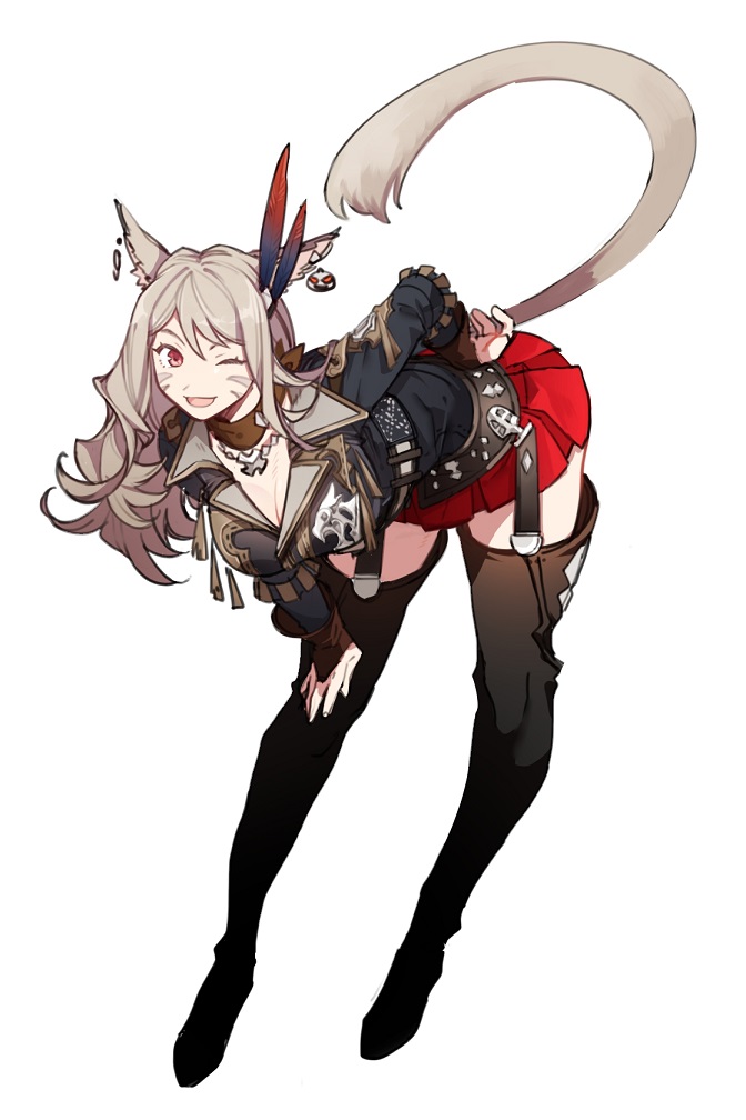 1girl animal_ears blonde_hair boots cat_ears cat_tail earrings facial_mark final_fantasy final_fantasy_xiv full_body hair_ornament jewelry jionghai leaning_forward long_hair miqo'te one_eye_closed red_eyes simple_background solo tail thigh-highs thigh_boots