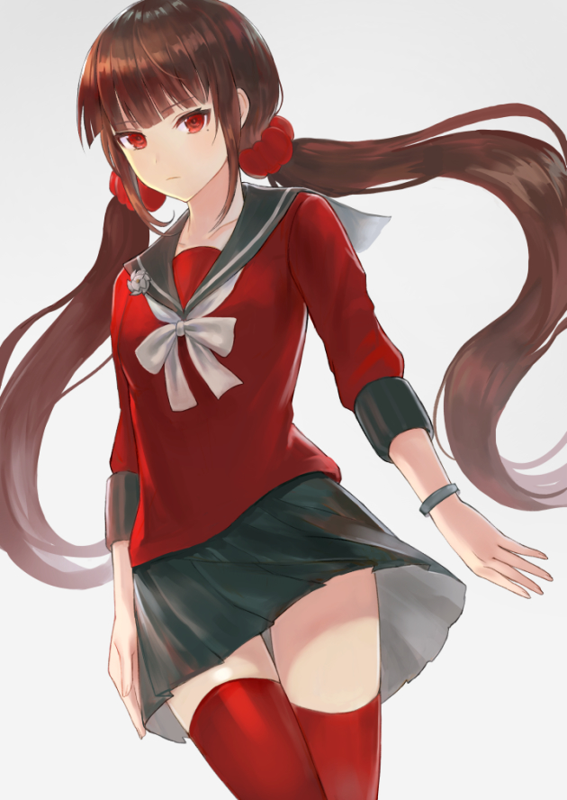 black_hair blush harukawa_maki long_hair low_twintails new_dangan_ronpa_v2 red_eyes seifuku twintails