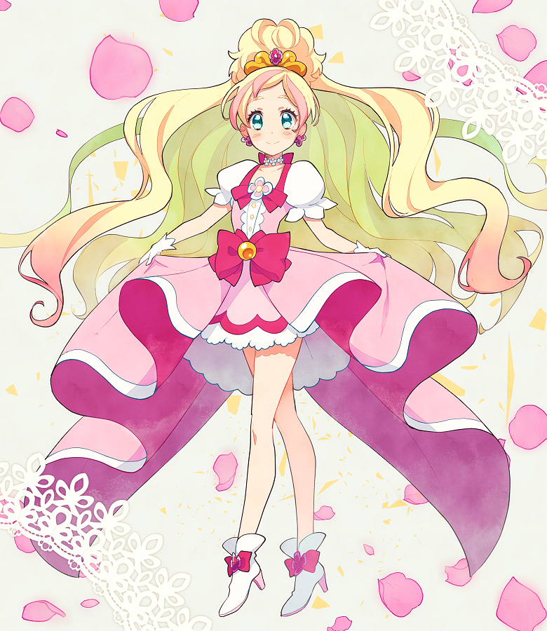 1girl blonde_hair blue_eyes blush boots choker cure_flora dress earrings eyelashes flower flower_earrings frilled_dress frills gloves go!_princess_precure gradient_hair hair_ornament half_updo happy haruno_haruka high_heel_boots high_heels highlights jewelry kurochiroko long_hair long_legs looking_at_viewer magical_girl multicolored_hair pink pink_dress pink_hair pink_ribbon precure puffy_sleeves ribbon smile solo streaked_hair tiara two-tone_hair white_gloves