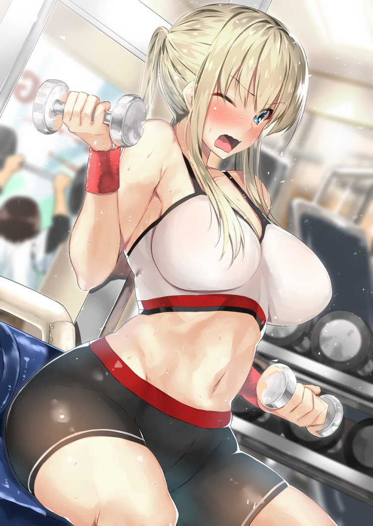 1girl alternate_costume bike_shorts black_shorts blonde_hair blue_eyes blurry blush body_mahattaya_ginga bra breasts depth_of_field exercise eyebrows_visible_through_hair flying_sweatdrops graf_zeppelin_(kantai_collection) indoors kantai_collection large_breasts midriff navel one_eye_closed open_mouth shorts sitting solo_focus sports_bra sweat sweating twintails underwear weightlifting white_bra wristband