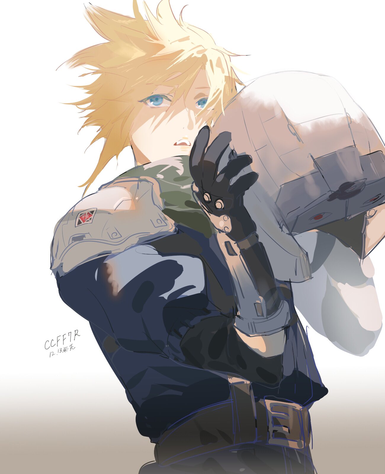 1boy armor belt black_gloves blonde_hair blue_eyes blue_shirt brown_belt cloud_strife crisis_core_final_fantasy_vii dated final_fantasy final_fantasy_vii gloves gradient gradient_background grey_background hair_between_eyes helmet highres holding holding_helmet male_focus mikuroron parted_lips removing_helmet shirt short_hair shoulder_armor sleeves_rolled_up solo spiky_hair upper_body