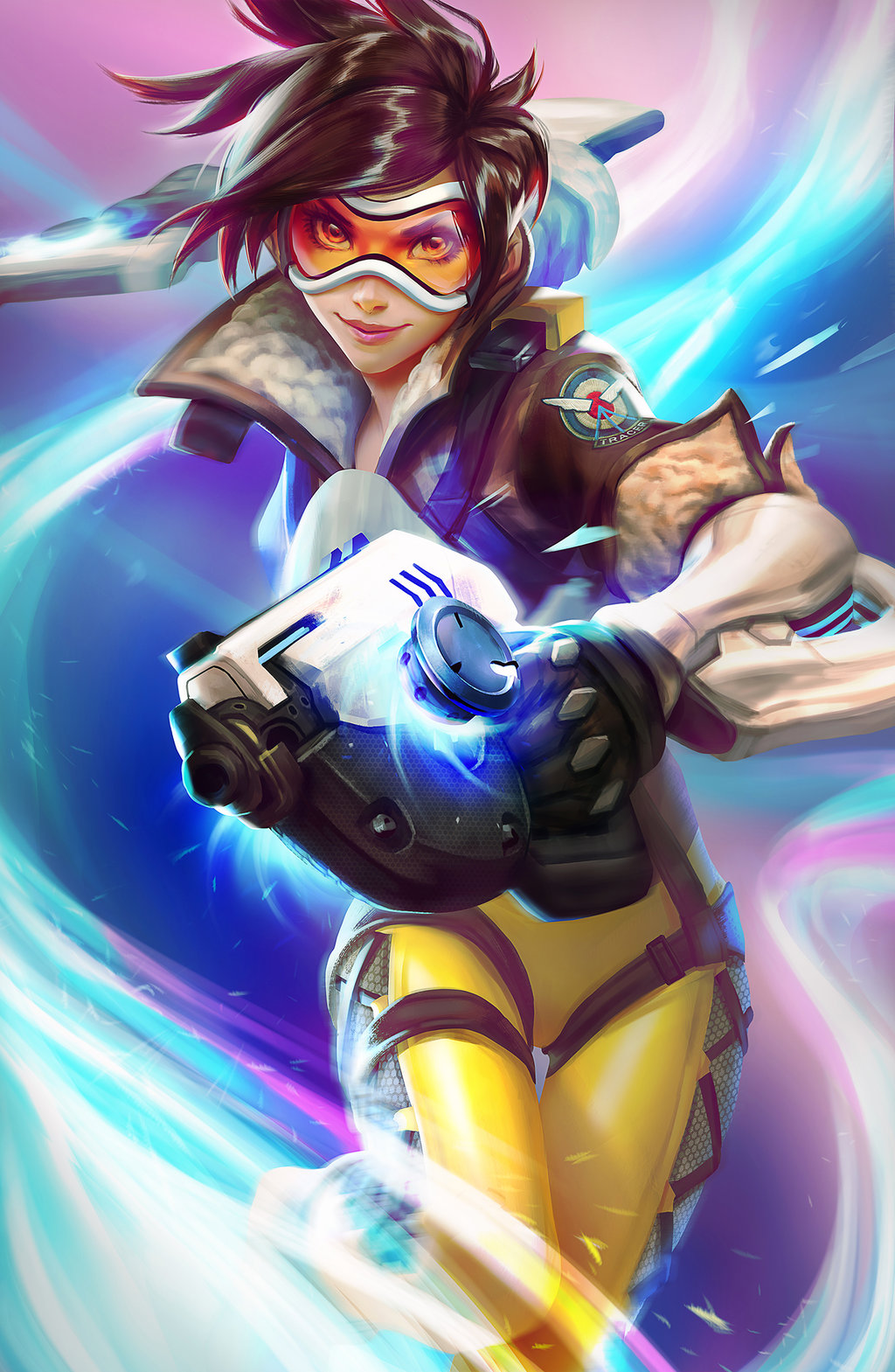 1girl anna_nikonova bodysuit bomber_jacket brown_hair brown_jacket character_name closed_mouth cross-laced_legwear goggles gun highres holding holding_gun holding_weapon jacket leather leather_jacket lips looking_at_viewer orange_bodysuit orange_goggles overwatch pants running shiny shiny_hair short_hair solo spiky_hair tight tight_pants tracer_(overwatch) weapon
