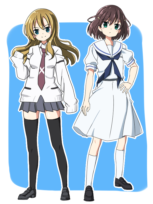 2girls black_legwear blonde_hair blue_eyes brown_hair cardigan cosplay costume_switch green_eyes hair_ornament hairclip loafers long_hair long_sleeves multiple_girls necktie numenume_(powa-ogutyogutyo) oohoshi_awai saki saki_achiga-hen school_uniform serafuku shoes short_hair skirt smile thigh-highs tsuruta_himeko white_legwear