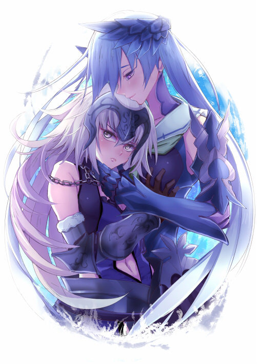 2girls armor bare_shoulders blonde_hair blush breasts fate/grand_order fate/prototype fate/prototype:_fragments_of_blue_and_silver fate_(series) headpiece hug jeanne_alter lancer_(fate/prototype_fragments) long_hair multiple_girls ruler_(fate/apocrypha) silver_hair smile very_long_hair violet_eyes yellow_eyes yude yuri