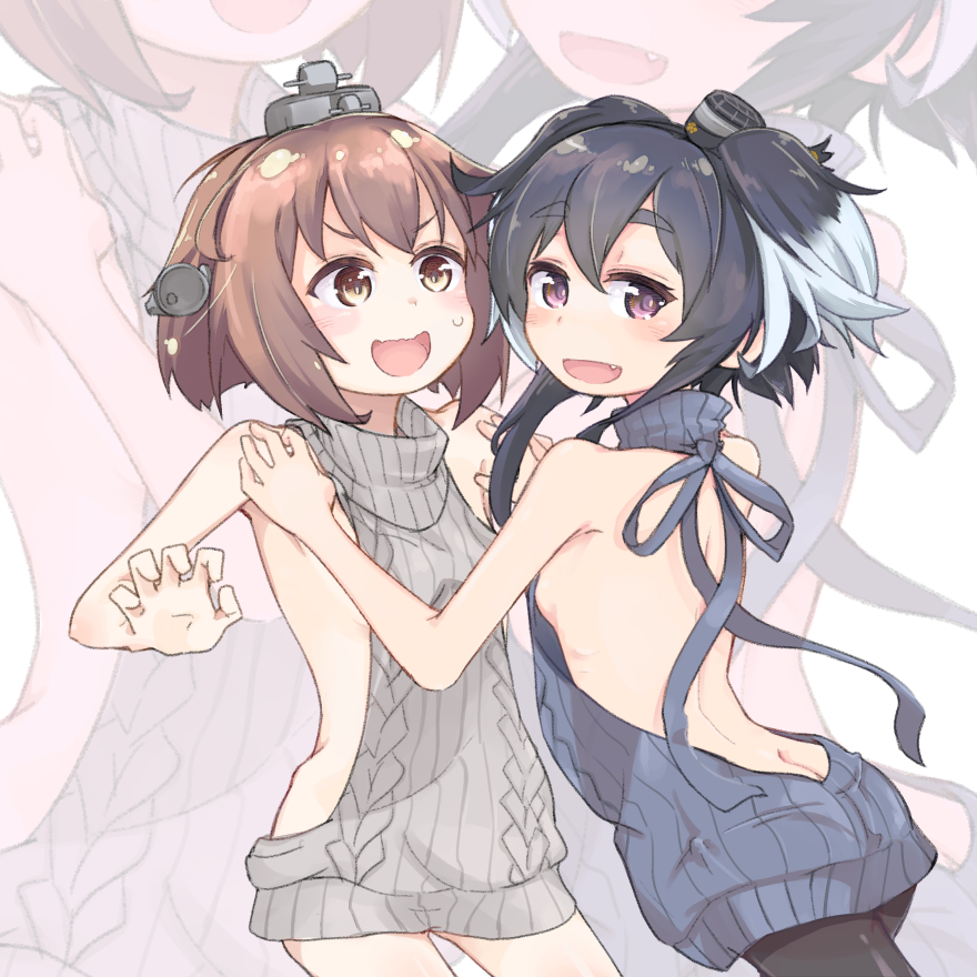 2girls :d aran_sweater asamori backless_outfit bare_back black_hair black_legwear blue_sweater blush breasts brown_eyes brown_hair butt_crack commentary_request dress fang grey_sweater halterneck kantai_collection looking_at_viewer lowleg_pantyhose multicolored_hair multiple_girls naked_sweater open-back_dress open_mouth pantyhose short_hair short_hair_with_long_locks sideboob small_breasts smile sweater sweater_dress tokitsukaze_(kantai_collection) turtleneck turtleneck_sweater two-tone_hair virgin_killer_sweater yukikaze_(kantai_collection) zoom_layer