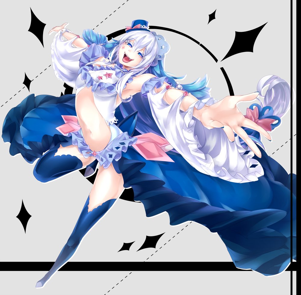 1girl :d armpits bangs bare_shoulders blue_eyes blue_hair blue_hat blue_legwear blue_nails bow breasts colored_eyelashes detached_sleeves eyebrows_visible_through_hair eyelashes facial_mark fangs foreshortening frills full_body hair_between_eyes hair_ornament hat hat_bow hime_(ohime_pkg) jewelry jpeg_artifacts leg_up leotard letterboxed long_hair long_sleeves looking_at_viewer maid_headdress medium_breasts midriff mini_hat mini_top_hat multicolored multicolored_eyes multicolored_hair nail_polish navel necklace open_mouth outstretched_arms pearl pearl_necklace personification pink_bow pink_eyes pokemon pokemon_(game) pokemon_sm primarina showgirl_skirt silhouette smile solo sparkle standing standing_on_one_leg star teeth thigh-highs tongue top_hat two-tone_hair white_hair white_leotard zettai_ryouiki
