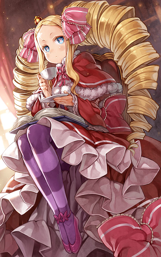 1girl beatrice_(re:zero) blonde_hair blue_eyes blurry blush book bookshelf bow capelet chair closed_mouth crown cup curtains depth_of_field dress drill_hair dutch_angle eyelashes from_below from_side full_body fur_trim glint hair_ribbon holding holding_cup holding_plate indoors keg library long_hair long_sleeves looking_to_the_side mini_crown open_book pantyhose pink_bow pink_shoes plate pom_pom_(clothes) purple_legwear re:zero_kara_hajimeru_isekai_seikatsu red_dress ribbon saucer shoes side_glance sitting solo striped striped_legwear symbol-shaped_pupils teacup twin_drills twintails wide_sleeves window