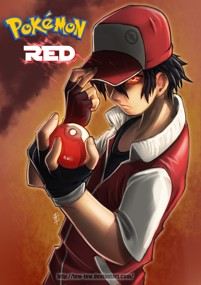 1boy adjusting_clothes adjusting_hat baseball_cap black_hair character_name commentary copyright_name fingerless_gloves gloves glowing glowing_eyes hat hat_over_one_eye holding holding_poke_ball male_focus poke_ball pokemon pokemon_(game) pokemon_rgby pokemon_sm red_(pokemon) red_(pokemon)_(classic) red_(pokemon)_(sm) red_eyes serious shirt short_hair solo t-shirt theofilus_ray watermark web_address