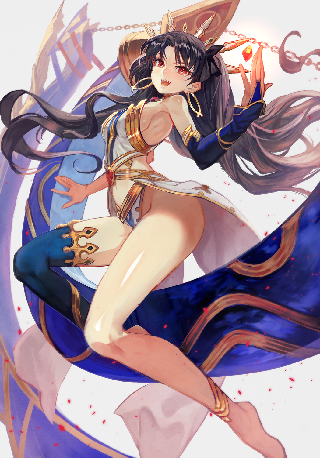 1girl :d anklet arched_back arm armlet asymmetrical_legwear bare_arms bare_legs bare_shoulders barefoot black_hair black_ribbon blue_gloves blue_legwear blush breasts bridal_gauntlets chains crown earrings elbow_gloves fate/grand_order fate_(series) female floating_hair gem gloves hair_ribbon highres hoop_earrings ishtar_(fate/grand_order) jewelry lack legs long_hair looking_at_viewer medium_breasts naughty_face navel navel_cutout neck_ring open_mouth red_eyes revealing_clothes ribbon round_teeth sideboob single_elbow_glove single_glove single_thighhigh smile solo strapless teeth thigh-highs thighlet tohsaka_rin toosaka_rin two_side_up type-moon very_long_hair