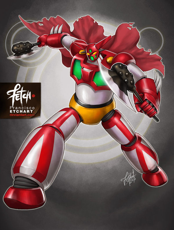 2016 axe blade cape dated deviantart_username dual_wielding franciscoetchart getter-1 getter_robo mecha realistic science_fiction signature spikes super_robot torn_cape watermark weapon