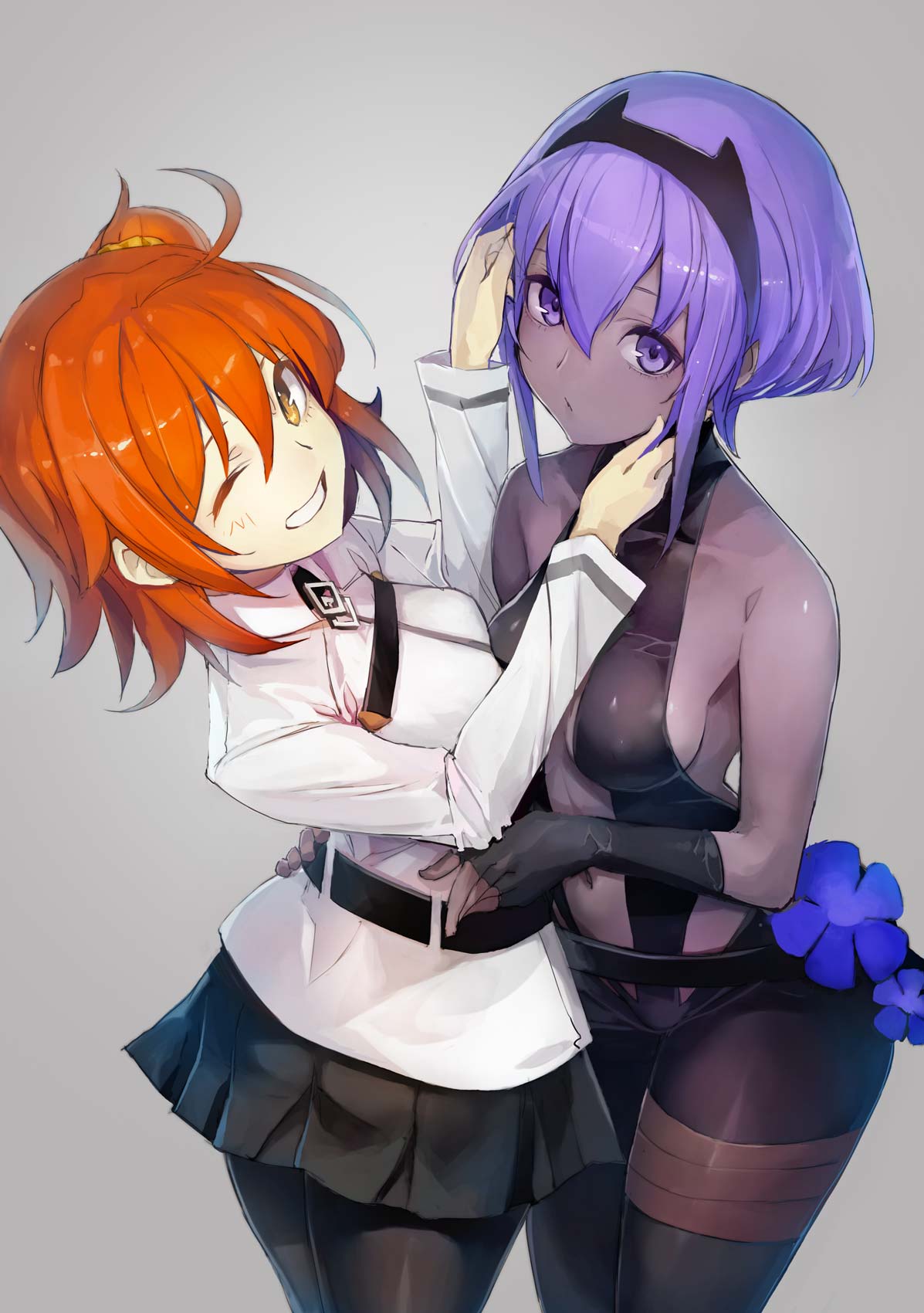 2girls ;d assassin_(fate/prototype_fragments) asymmetrical_docking bare_shoulders belt black_gloves black_legwear black_skirt blue_flower blush breast_press breasts collarbone cowboy_shot dark_skin elbow_gloves fate/grand_order fate/prototype fate/prototype:_fragments_of_blue_and_silver fate_(series) fingerless_gloves flower fujimaru_ritsuka_(female) gloves grey_background grin hair_between_eyes hair_ornament hair_scrunchie hairband hands_on_another's_face hands_on_another's_hips hibiscus highres jacket long_sleeves looking_at_viewer medium_breasts midriff miniskirt multiple_girls navel one_eye_closed open_mouth orange_hair pantyhose pleated_skirt purple_hair revision scrunchie short_hair side_ponytail sideboob sidelocks simple_background skin_tight skirt sleeveless smile standing stomach taishi_(picchiridou) teeth violet_eyes white_jacket yellow_eyes yuri