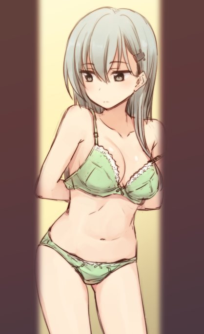 1girl aqua_hair arms_behind_back bra breasts brown_eyes closed_mouth collarbone frilled_bra frills green_bra green_panties hair_between_eyes hair_ornament hairclip kantai_collection long_hair looking_down medium_breasts nagami_yuu navel panties simple_background sketch solo standing suzuya_(kantai_collection) underwear upper_body