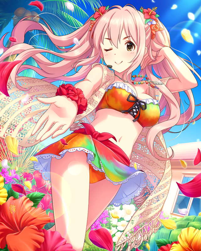 1girl artist_request breasts brown_eyes cleavage flower hair_ornament headset hibiscus idolmaster idolmaster_cinderella_girls jewelry lace midriff necklace official_art one_eye_closed palm_tree petals pink_hair ribbon rose saionji_kotoka skirt solo tree twintails