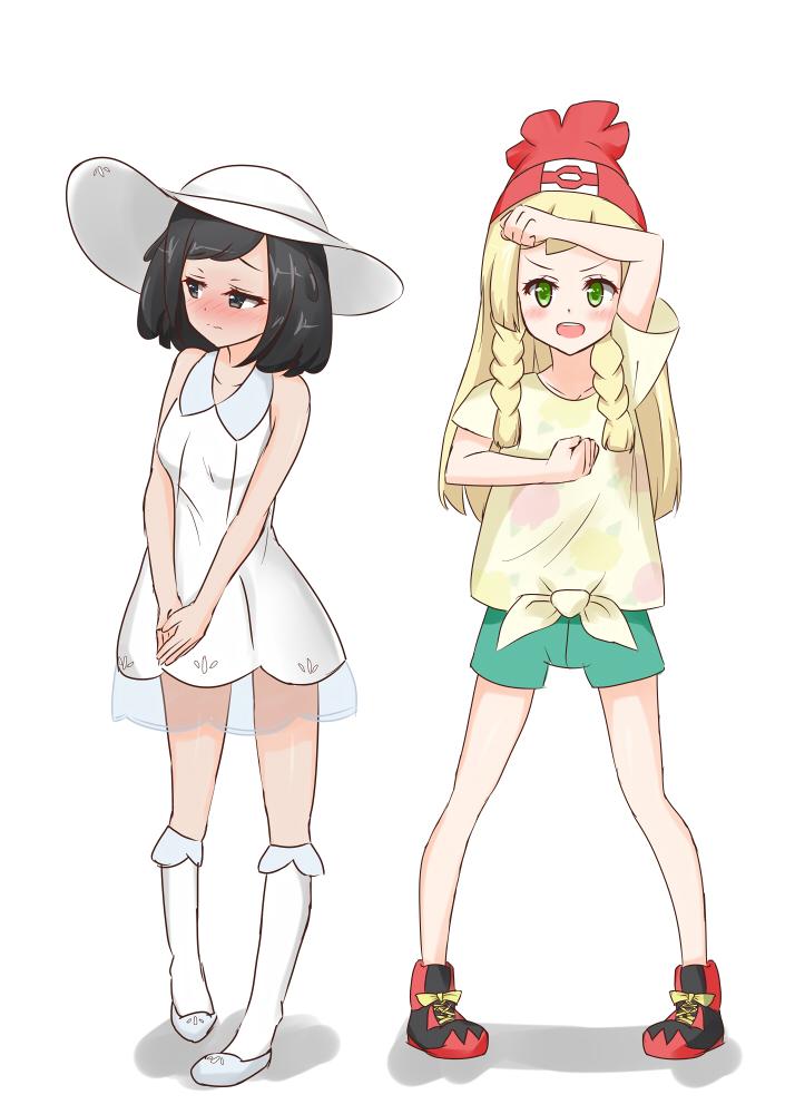 2girls alternate_costume blush cosplay costume_switch embarrassed female_protagonist_(pokemon_sm) female_protagonist_(pokemon_sm)_(cosplay) full_body half-closed_eyes lillie_(pokemon) lillie_(pokemon)_(cosplay) looking_at_viewer looking_away multiple_girls pokemon pokemon_(game) pokemon_sm pose simple_background white_background z-move