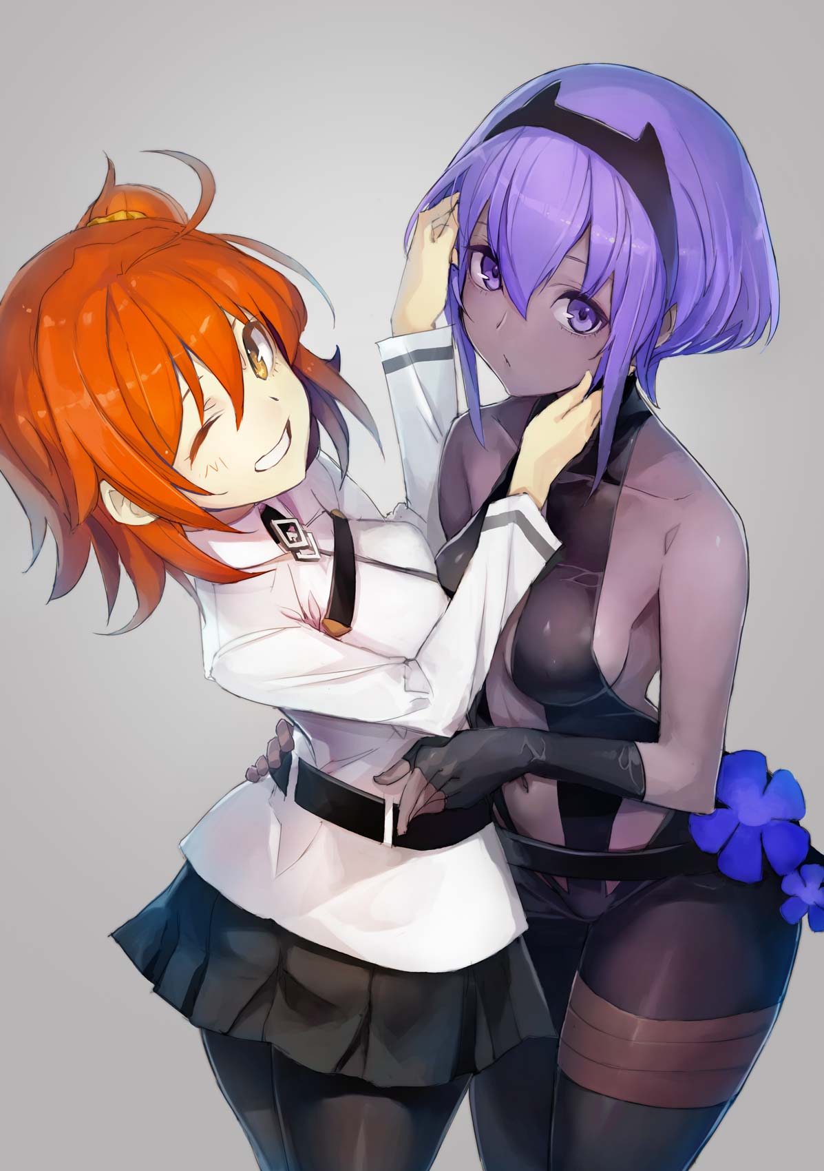 2girls ;d assassin_(fate/prototype_fragments) asymmetrical_docking bare_shoulders belt black_gloves black_legwear black_skirt blue_flower blush breast_press breasts collarbone commentary_request cowboy_shot dark_skin elbow_gloves fate/grand_order fate/prototype fate/prototype:_fragments_of_blue_and_silver fate_(series) fingerless_gloves flower fujimaru_ritsuka_(female) gloves grey_background grin hair_between_eyes hair_ornament hair_scrunchie hairband hands_on_another's_face hands_on_another's_hips hibiscus highres jacket long_sleeves looking_at_viewer medium_breasts midriff miniskirt multiple_girls navel one_eye_closed open_mouth orange_hair pantyhose pleated_skirt purple_hair scrunchie short_hair side_ponytail sideboob sidelocks simple_background skin_tight skirt sleeveless smile standing stomach taishi_(picchiridou) teeth violet_eyes white_jacket yellow_eyes yuri
