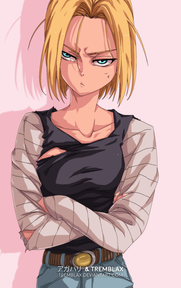 Safebooru - 1girl android 18 belt blonde hair blue eyes breasts closed  mouth collarbone crossed arms denim dragon ball dragon ball z dragonball z  frown half-closed eyes lips long sleeves looking away