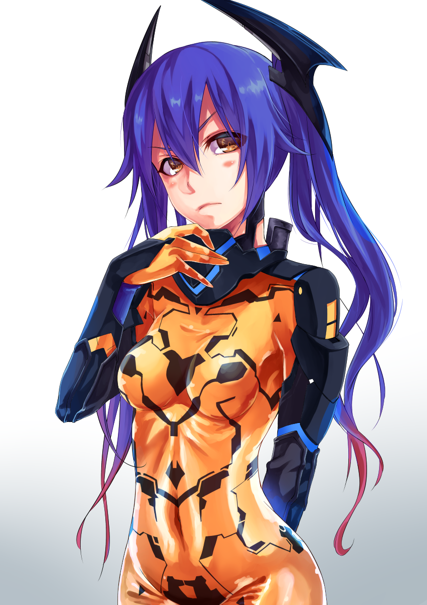 &gt;:( 1girl blue_hair blush bodysuit breasts brown_eyes closed_mouth covered_navel cowboy_shot gradient_hair hair_between_eyes headgear highres long_hair looking_at_viewer multicolored_hair orange_bodysuit phantasy_star phantasy_star_online_2 quna_(pso2) redhead shimozuki_shio skin_tight small_breasts solo twintails zelsius
