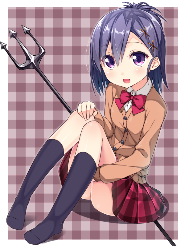 1girl :d bangs black_legwear blue_hair blush cardigan checkered checkered_background checkered_skirt collared_shirt eyebrows_visible_through_hair gabriel_dropout hair_between_eyes hair_ornament hairclip kneehighs knees_up legs_together looking_at_viewer no_shoes open_mouth pigeon-toed pitchfork plaid plaid_background plaid_skirt pleated_skirt red_skirt shirt short_hair sitting skirt smile solo tsukinose_vignette_april usume_shirou violet_eyes white_border white_shirt wing_collar x_hair_ornament