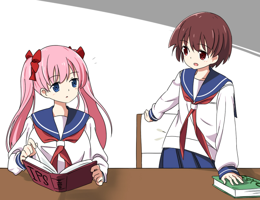 /\/\/\ 2girls blue_eyes book breasts brown_hair chair desk hair_ribbon haramura_nodoka indoors long_hair miyanaga_saki multiple_girls numenume_(powa-ogutyogutyo) open_mouth pink_hair reading red_eyes ribbon saki school_uniform serafuku short_hair sitting standing twintails