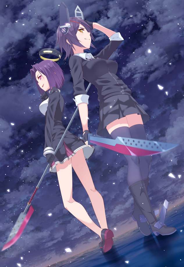 2girls boots checkered checkered_necktie eyepatch glaive gloves hand_on_own_chin hand_on_own_head headgear kantai_collection looking_at_viewer mechanical_halo multiple_girls necktie partly_fingerless_gloves pelearme purple_hair short_hair standing standing_on_liquid sword tatsuta_(kantai_collection) tenryuu_(kantai_collection) thigh-highs violet_eyes weapon yasuto_(eria151) yellow_eyes zettai_ryouiki