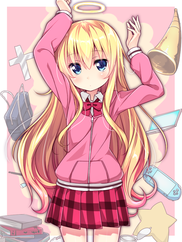 1girl arms_up bag blonde_hair blue_eyes book_stack cross gabriel_dropout halo handheld_game_console hood hoodie horn horn_(instrument) long_hair looking_at_viewer necktie plaid plaid_skirt playstation_portable pleated_skirt school_bag school_uniform skirt solo tenma_gabriel_white usume_shirou very_long_hair zipper