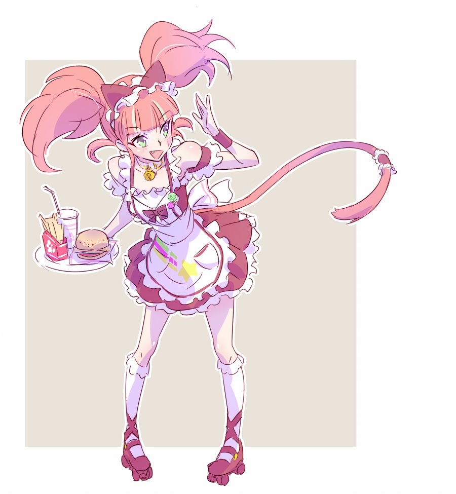 1girl animal_ears apron bell bell_collar cat_ears cat_tail cheese collar commentary cyan_eyes fang_out food french_fries hamburger iesupa maid_apron maid_headdress neon_katt orange_hair roller_skates rwby short_twintails skates socks soda soda_cup solo tail twintails waitress wristband