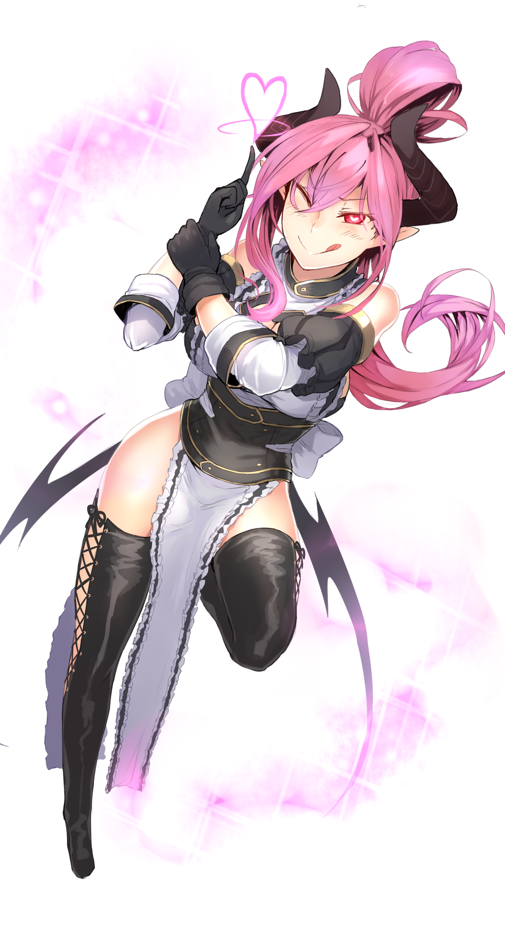 1girl :&gt; :d breasts cleavage cleavage_cutout commentary_request cross-laced_legwear demon_girl demon_horns demon_wings detached_sleeves full_body ganesagi gloves heart heart-shaped_pupils high_ponytail highres horns index_finger_raised large_breasts long_hair looking_at_viewer one_eye_closed open_mouth original pink_hair pointy_ears red_eyes side_slit smile solo symbol-shaped_pupils thigh-highs wings