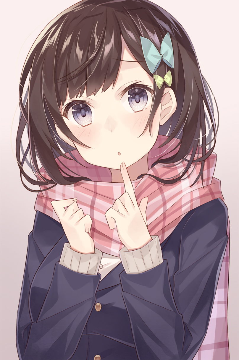 1girl :o bangs blue_bow blue_eyes blush bow breasts brown_hair enpera eyebrows_visible_through_hair green_bow grey_background hair_bow highres index_finger_raised jacket large_breasts long_hair looking_at_viewer nagitoki original parted_lips pink_scarf plaid plaid_scarf scarf school_uniform simple_background solo sweater swept_bangs uniform upper_body