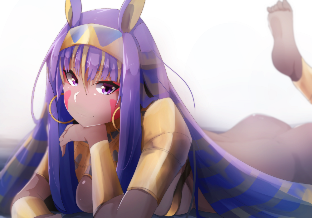1girl ass barefoot bracelet breasts chin_rest dark_skin earrings egyptian egyptian_clothes facial_mark fate/grand_order fate_(series) feet hairband jewelry long_hair looking_at_viewer lying nitocris_(fate/grand_order) on_stomach one_leg_raised purple_hair sideboob sidelocks smile solo violet_eyes wadakazu