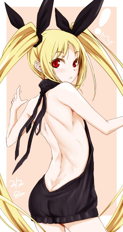 ! 1girl ass backless_outfit bangs bare_back bare_shoulders beige_background black_ribbon black_sweater blazblue blonde_hair blush breasts butt_crack cowboy_shot dress eyebrows_visible_through_hair from_behind hair_ribbon halterneck long_hair looking_at_viewer looking_back mori_toshimichi naked_sweater open-back_dress parted_lips rachel_alucard ribbed_sweater ribbon simple_background small_breasts solo sweater sweater_dress turtleneck turtleneck_sweater twintails twintails_day very_long_hair virgin_killer_sweater white_border