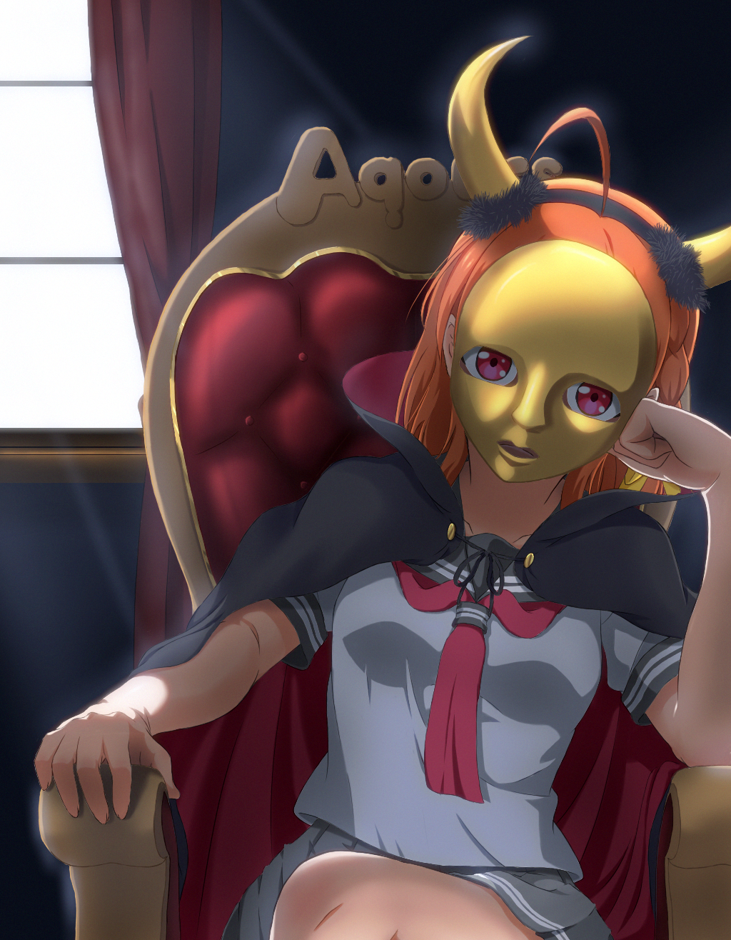 1girl ahoge armchair braid cape chair clenched_hand collarbone commentary_request curtains fake_horns grey_skirt group_name hairband head_tilt highres horns inami_anju kannazuki_kenji legs_crossed looking_at_viewer love_live! love_live!_sunshine!! mask orange_hair parted_lips pink_eyes pleated_skirt school_uniform seiyuu_connection serafuku shirt short_sleeves side_braid sitting skirt solo sunlight takami_chika white_shirt window