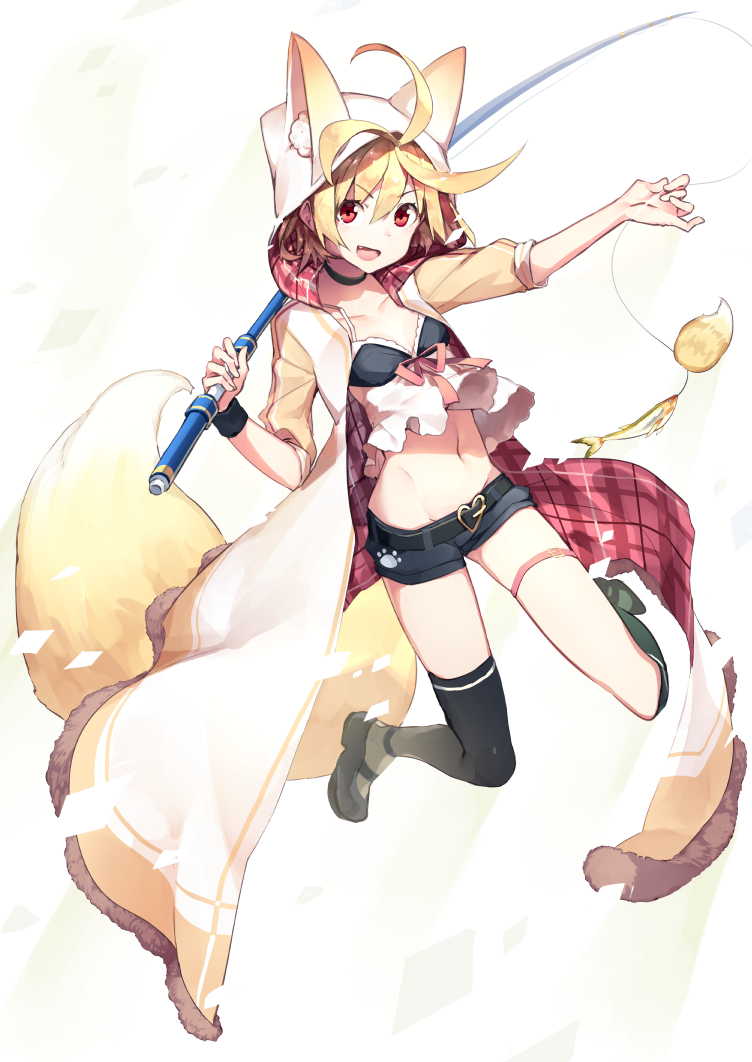 1girl :d ahoge animal_ears bangs belt black_legwear black_shoes black_shorts blonde_hair breasts carrying_over_shoulder choker collarbone crop_top fang fish fishing_line fishing_rod fox_ears fox_tail fur_trim groin hair_between_eyes heart_buckle holding holding_fishing_rod hood hooded_jacket jacket jumping kai-ri-sei_million_arthur looking_at_viewer mary_janes midriff million_arthur_(series) navel open_clothes open_jacket open_mouth paw_print red_eyes red_ribbon ribbon shoes short_hair short_shorts shorts single_thighhigh sleeves_rolled_up small_breasts smile solo spaghetti_strap stomach tail thigh-highs thigh_strap touzoku_arthur usalxlusa white_background wristband