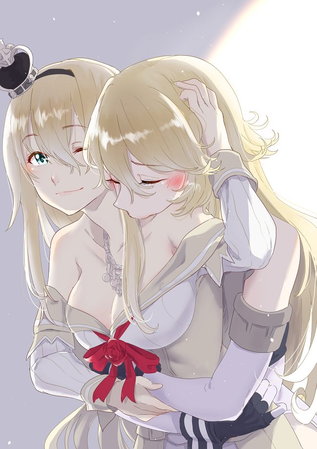 2girls bare_shoulders blonde_hair blue_eyes blush breasts cleavage closed_eyes collarbone commentary_request corset crown dress elbow_gloves fingerless_gloves flower gloves hair_between_eyes hairband hand_on_another's_head headgear_removed hug iowa_(kantai_collection) jewelry kantai_collection large_breasts long_hair long_sleeves looking_at_viewer mini_crown multiple_girls necklace off-shoulder_dress off_shoulder red_ribbon red_rose ribbon rose simple_background smile tachikoma_(mousou_teikoku) warspite_(kantai_collection) white_dress yuri