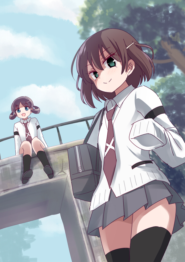 2girls black_legwear blue_eyes blush bridge brown_hair cardigan clouds cloudy_sky green_eyes hair_ornament hairclip hanada_kirame long_sleeves multiple_girls necktie nobu0 open_mouth outdoors purple_hair saki saki_achiga-hen school_uniform shoes short_hair short_twintails sitting skirt sky smile thigh-highs tree tsuruta_himeko twintails