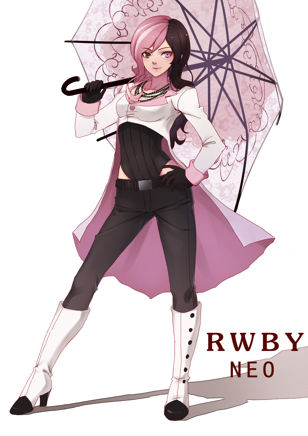 1girl gloves heterochromia highres jewelry leotard multicolored_hair necklace neo_(rwby) pink_hair rwby smile solo two-tone_hair umbrella zyl
