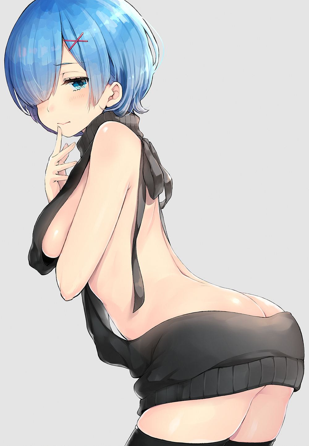 1girl aran_sweater ass backless_outfit bare_back blue_eyes blue_hair breasts butt_crack dress finger_to_mouth from_behind grey_sweater hair_ornament hair_over_one_eye half-closed_eyes highres naked_sweater no_bra no_panties no_underwear open-back_dress re:zero_kara_hajimeru_isekai_seikatsu rem_(re:zero) short_hair sideboob simple_background solo sweater sweater_dress turtleneck turtleneck_sweater virgin_killer_sweater vsi0v x_hair_ornament