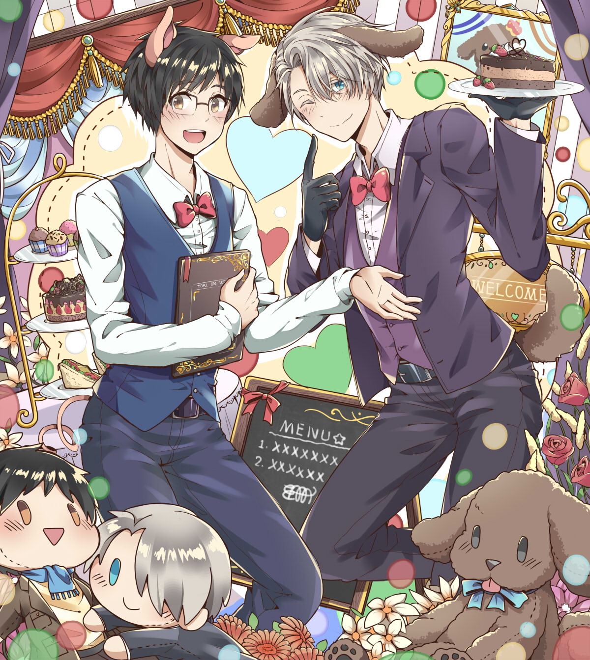 2boys animal_ears big_cat_shan black_gloves black_hair blue_eyes bow bowtie brown_eyes cake character_doll cupcake curtains dog_ears dog_tail flower food fruit glasses gloves heart highres katsuki_yuuri kemonomimi_mode makkachin male_focus menu multiple_boys one_eye_closed open_mouth pig_ears pig_tail plate rose sandwich silver_hair smile strawberry stuffed_animal stuffed_dog stuffed_toy table tail viktor_nikiforov waistcoat waiter yuri!!!_on_ice