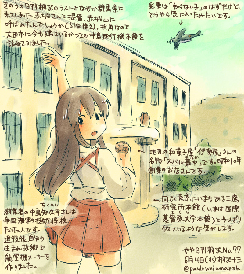 1girl :d akagi_(kantai_collection) animal arm_up brown_eyes brown_hair commentary_request dated day from_behind hakama hamster japanese_clothes kantai_collection kirisawa_juuzou long_hair non-human_admiral_(kantai_collection) nontraditional_miko numbered open_mouth red_hakama seaplane smile tasuki thigh-highs traditional_media translation_request twitter_username white_legwear
